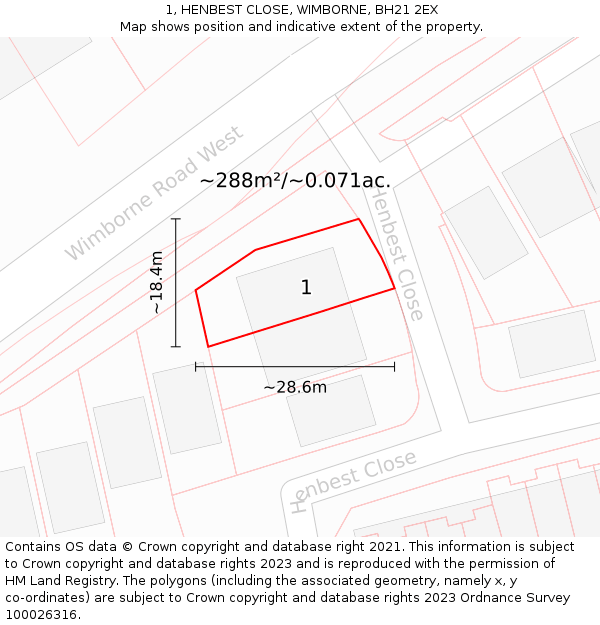 1, HENBEST CLOSE, WIMBORNE, BH21 2EX: Plot and title map