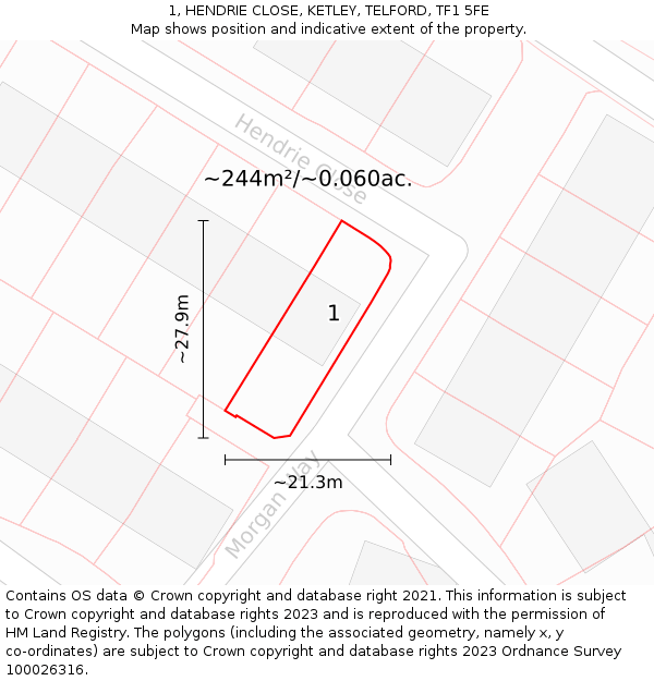 1, HENDRIE CLOSE, KETLEY, TELFORD, TF1 5FE: Plot and title map