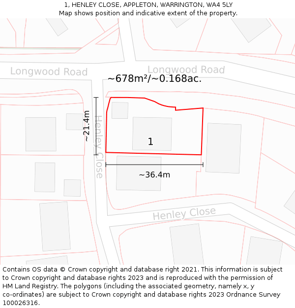1, HENLEY CLOSE, APPLETON, WARRINGTON, WA4 5LY: Plot and title map