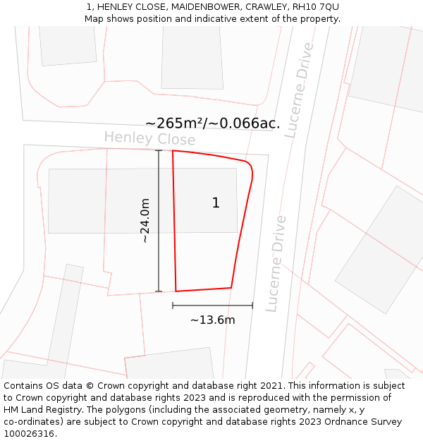 1, HENLEY CLOSE, MAIDENBOWER, CRAWLEY, RH10 7QU: Plot and title map