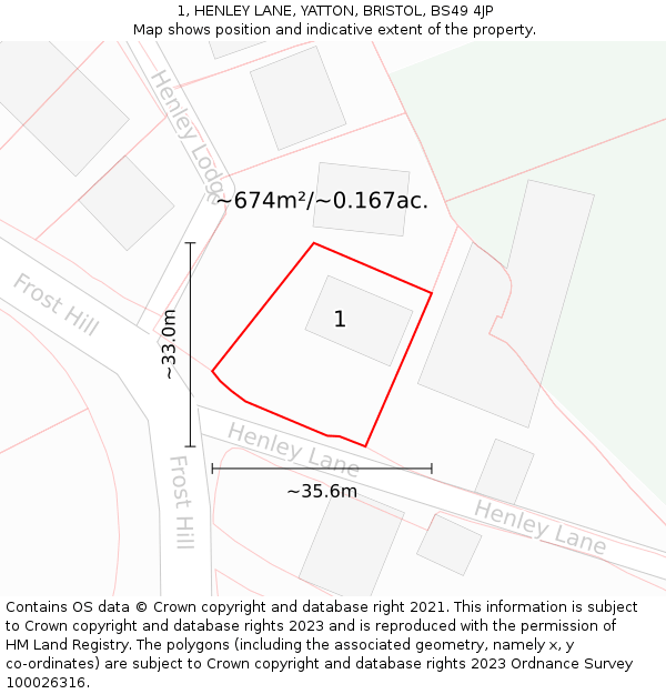 1, HENLEY LANE, YATTON, BRISTOL, BS49 4JP: Plot and title map