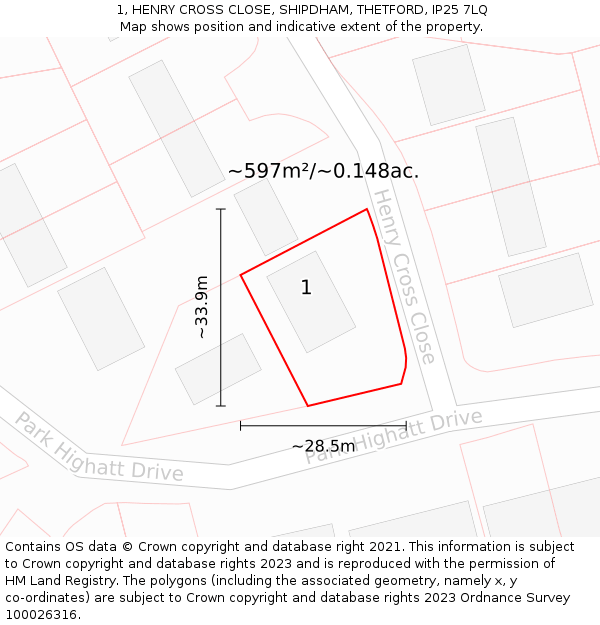 1, HENRY CROSS CLOSE, SHIPDHAM, THETFORD, IP25 7LQ: Plot and title map