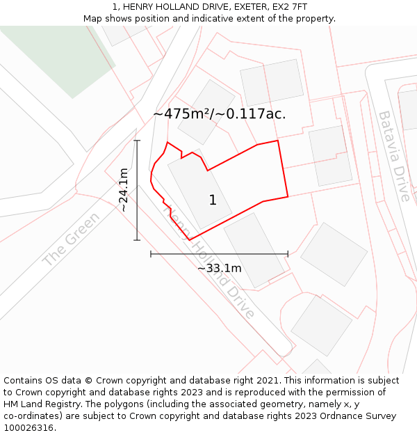 1, HENRY HOLLAND DRIVE, EXETER, EX2 7FT: Plot and title map