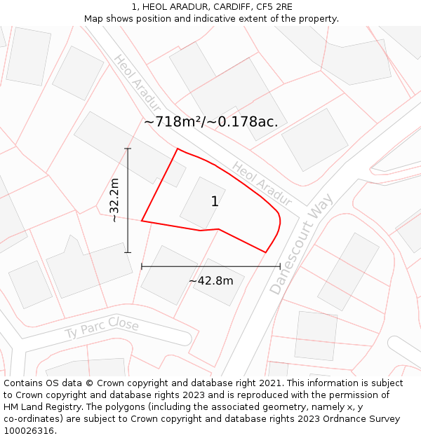 1, HEOL ARADUR, CARDIFF, CF5 2RE: Plot and title map
