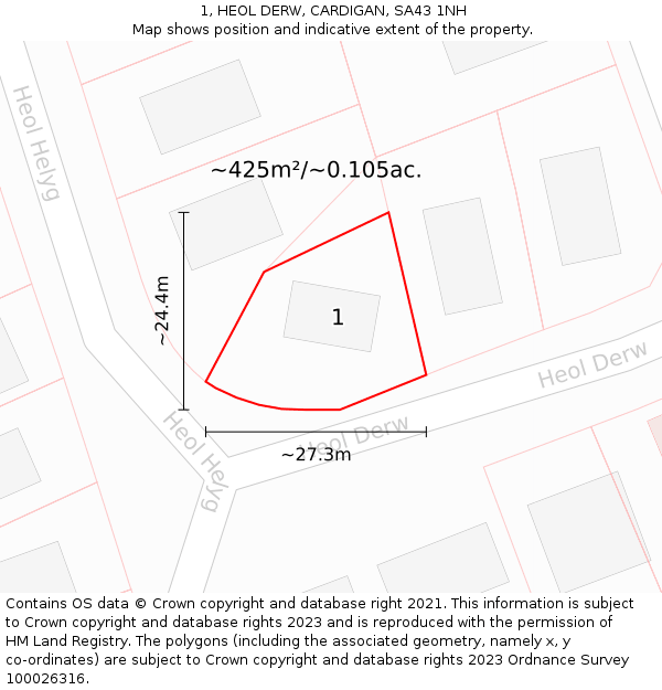 1, HEOL DERW, CARDIGAN, SA43 1NH: Plot and title map
