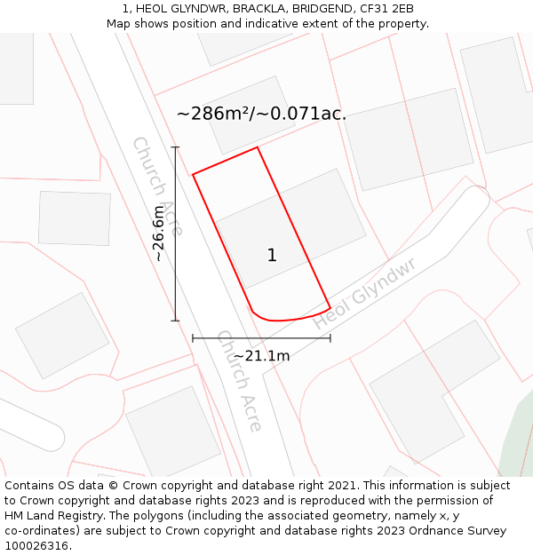 1, HEOL GLYNDWR, BRACKLA, BRIDGEND, CF31 2EB: Plot and title map