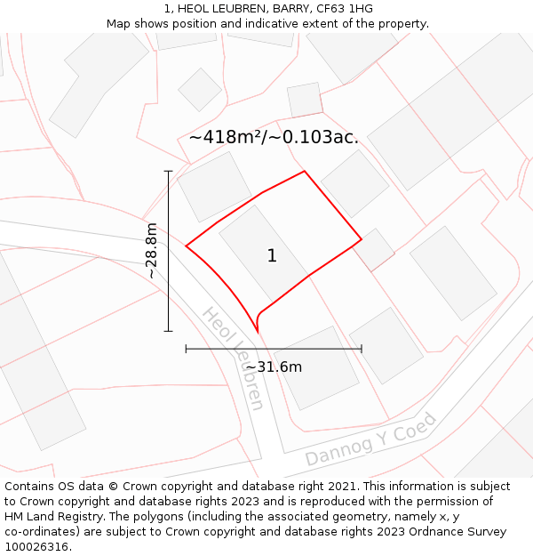 1, HEOL LEUBREN, BARRY, CF63 1HG: Plot and title map