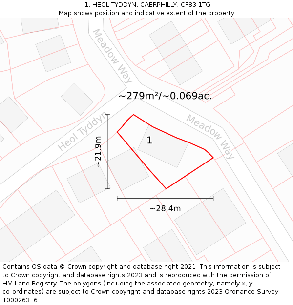 1, HEOL TYDDYN, CAERPHILLY, CF83 1TG: Plot and title map
