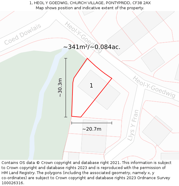1, HEOL Y GOEDWIG, CHURCH VILLAGE, PONTYPRIDD, CF38 2AX: Plot and title map