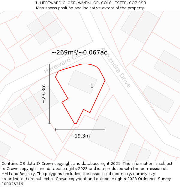 1, HEREWARD CLOSE, WIVENHOE, COLCHESTER, CO7 9SB: Plot and title map