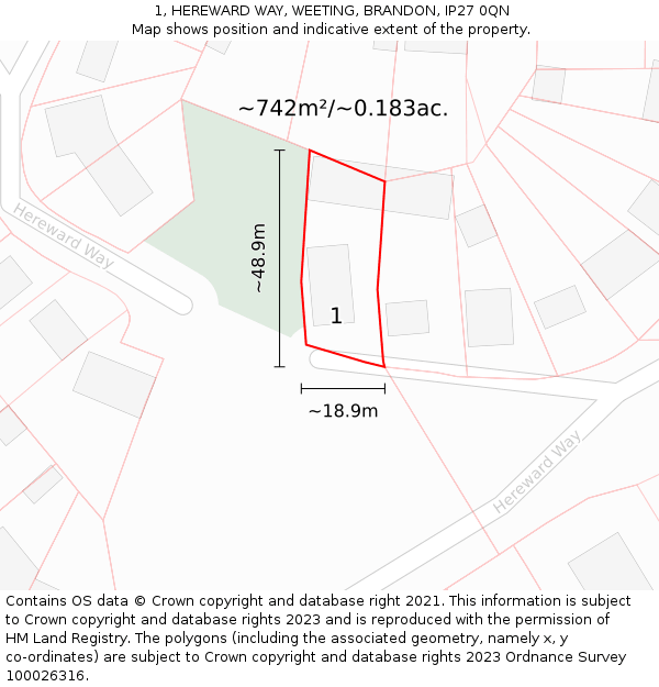 1, HEREWARD WAY, WEETING, BRANDON, IP27 0QN: Plot and title map