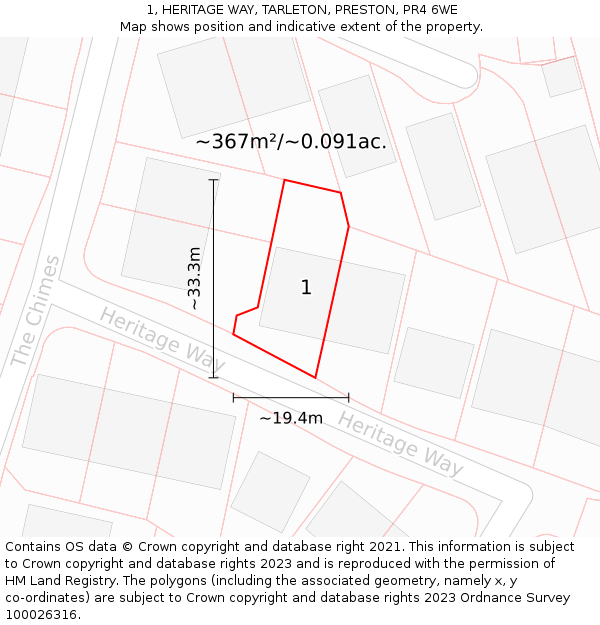 1, HERITAGE WAY, TARLETON, PRESTON, PR4 6WE: Plot and title map