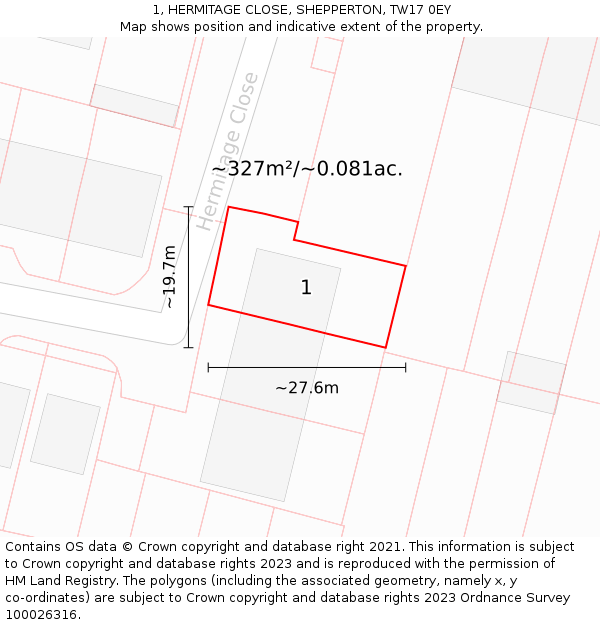 1, HERMITAGE CLOSE, SHEPPERTON, TW17 0EY: Plot and title map