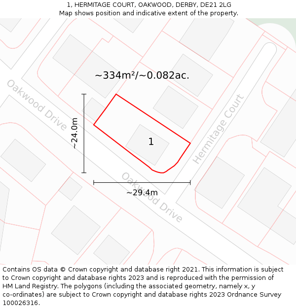 1, HERMITAGE COURT, OAKWOOD, DERBY, DE21 2LG: Plot and title map