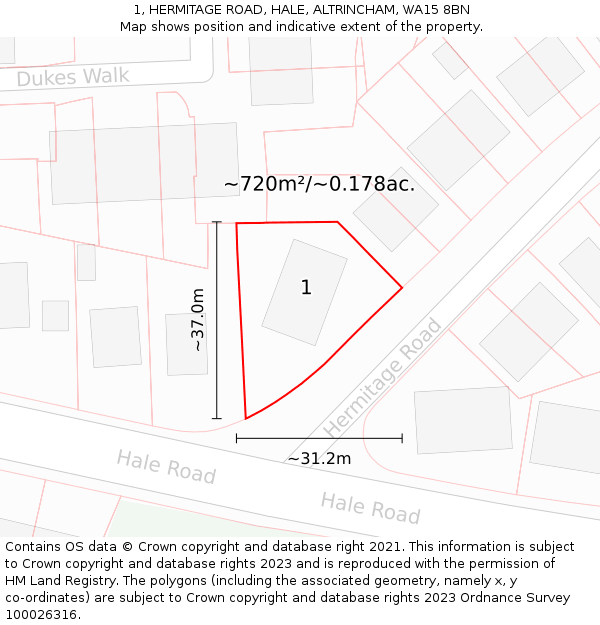 1, HERMITAGE ROAD, HALE, ALTRINCHAM, WA15 8BN: Plot and title map