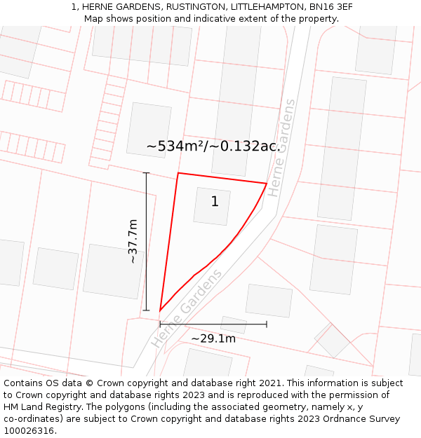 1, HERNE GARDENS, RUSTINGTON, LITTLEHAMPTON, BN16 3EF: Plot and title map