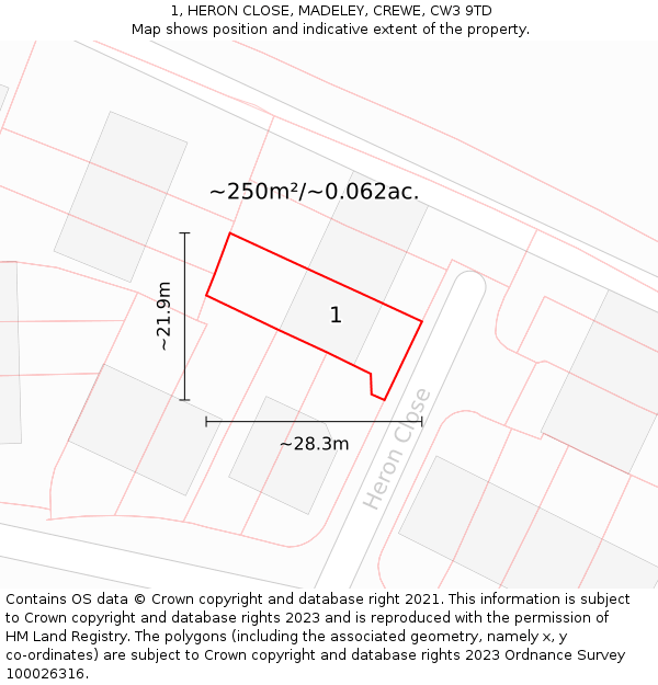 1, HERON CLOSE, MADELEY, CREWE, CW3 9TD: Plot and title map