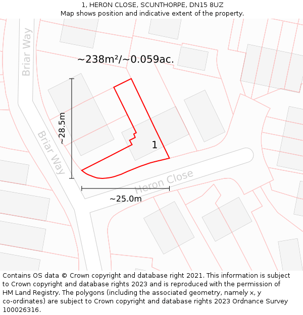 1, HERON CLOSE, SCUNTHORPE, DN15 8UZ: Plot and title map