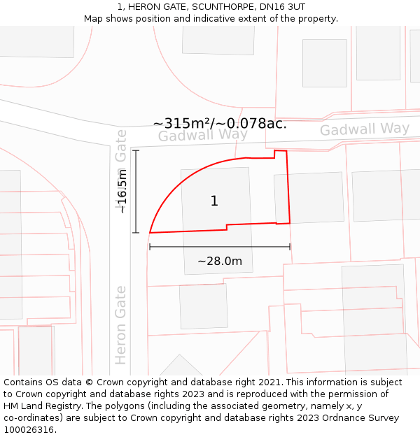 1, HERON GATE, SCUNTHORPE, DN16 3UT: Plot and title map