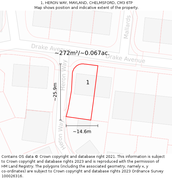 1, HERON WAY, MAYLAND, CHELMSFORD, CM3 6TP: Plot and title map