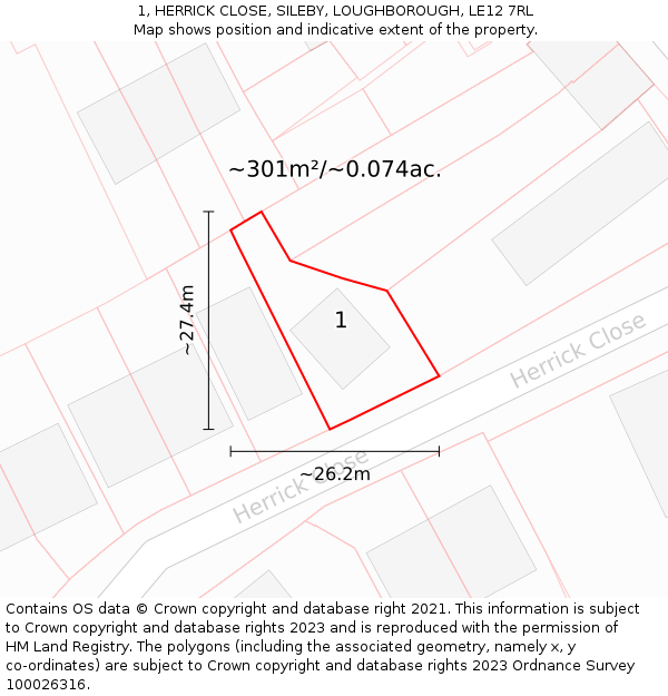 1, HERRICK CLOSE, SILEBY, LOUGHBOROUGH, LE12 7RL: Plot and title map
