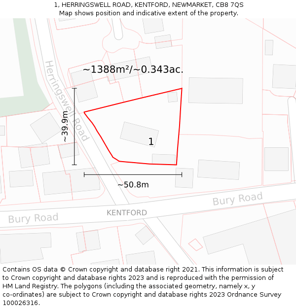 1, HERRINGSWELL ROAD, KENTFORD, NEWMARKET, CB8 7QS: Plot and title map
