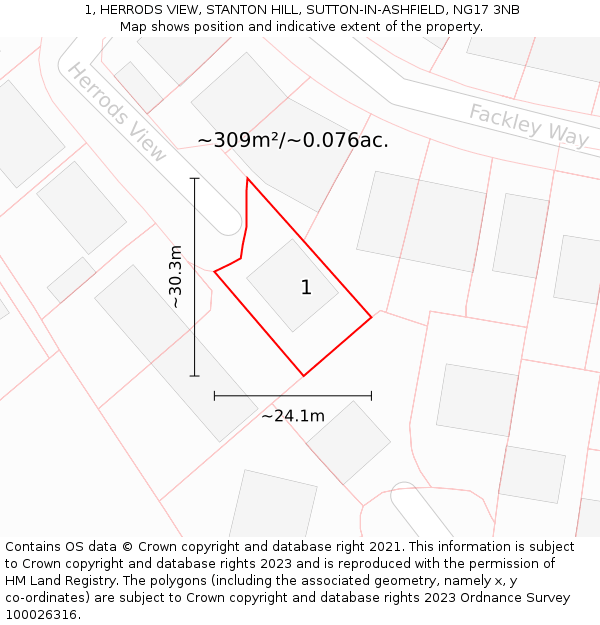 1, HERRODS VIEW, STANTON HILL, SUTTON-IN-ASHFIELD, NG17 3NB: Plot and title map