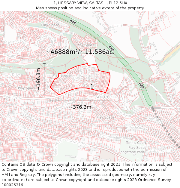 1, HESSARY VIEW, SALTASH, PL12 6HX: Plot and title map