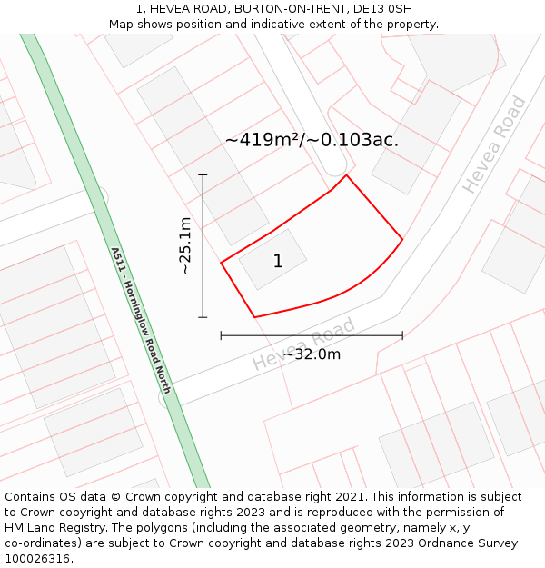1, HEVEA ROAD, BURTON-ON-TRENT, DE13 0SH: Plot and title map