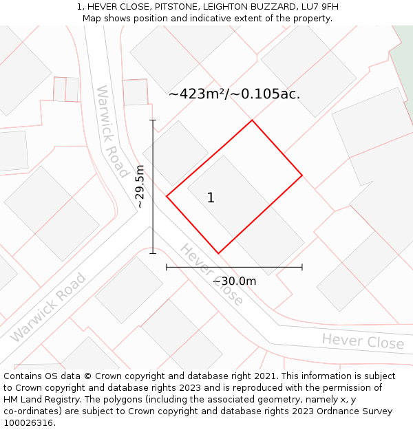 1, HEVER CLOSE, PITSTONE, LEIGHTON BUZZARD, LU7 9FH: Plot and title map
