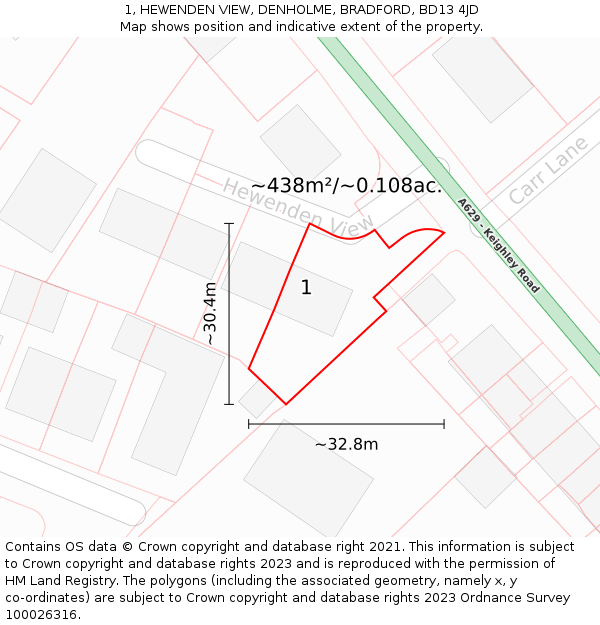 1, HEWENDEN VIEW, DENHOLME, BRADFORD, BD13 4JD: Plot and title map