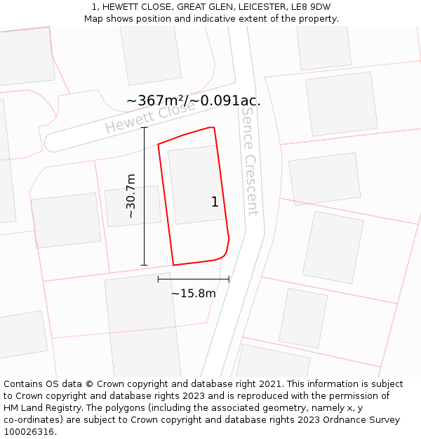1, HEWETT CLOSE, GREAT GLEN, LEICESTER, LE8 9DW: Plot and title map