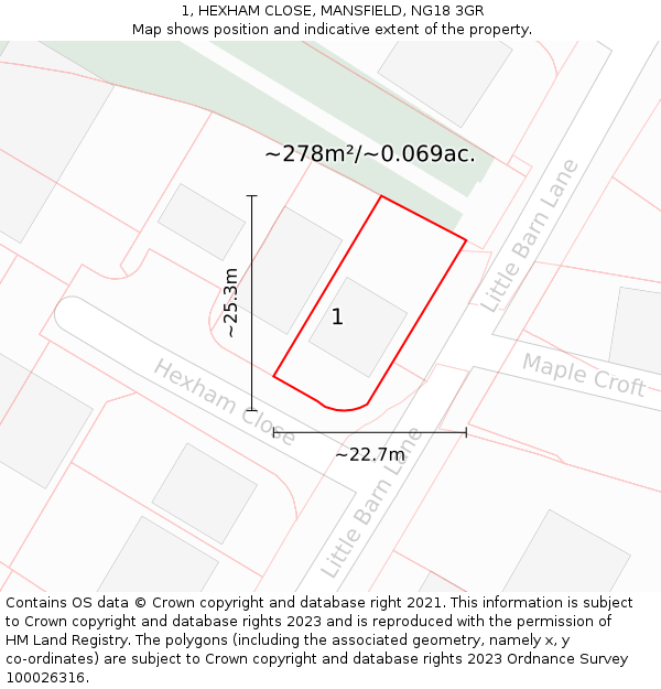 1, HEXHAM CLOSE, MANSFIELD, NG18 3GR: Plot and title map