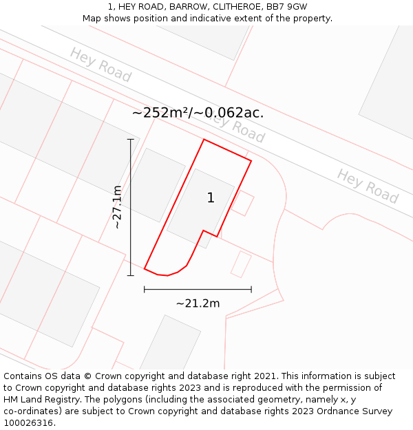 1, HEY ROAD, BARROW, CLITHEROE, BB7 9GW: Plot and title map