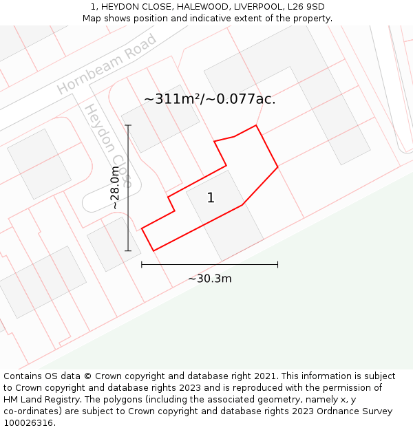1, HEYDON CLOSE, HALEWOOD, LIVERPOOL, L26 9SD: Plot and title map