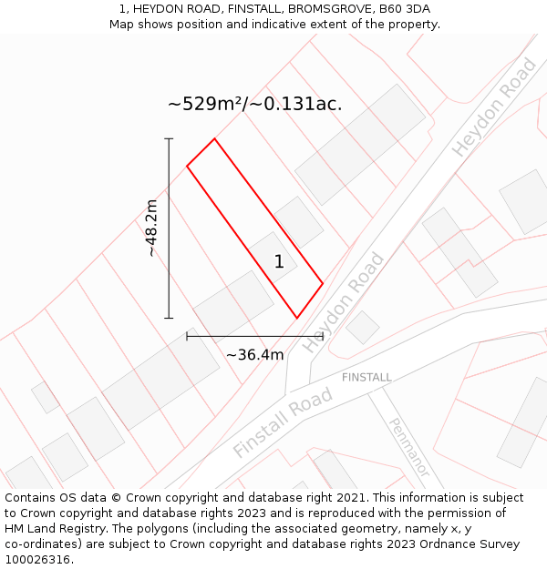 1, HEYDON ROAD, FINSTALL, BROMSGROVE, B60 3DA: Plot and title map