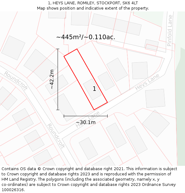 1, HEYS LANE, ROMILEY, STOCKPORT, SK6 4LT: Plot and title map