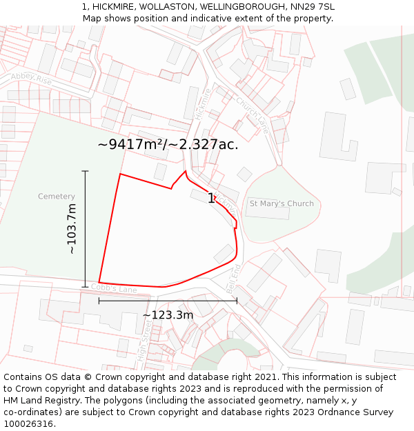 1, HICKMIRE, WOLLASTON, WELLINGBOROUGH, NN29 7SL: Plot and title map