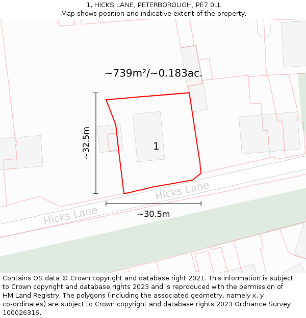 1, HICKS LANE, PETERBOROUGH, PE7 0LL: Plot and title map