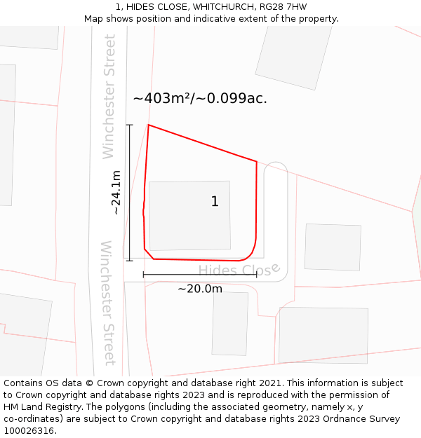 1, HIDES CLOSE, WHITCHURCH, RG28 7HW: Plot and title map
