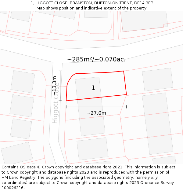 1, HIGGOTT CLOSE, BRANSTON, BURTON-ON-TRENT, DE14 3EB: Plot and title map
