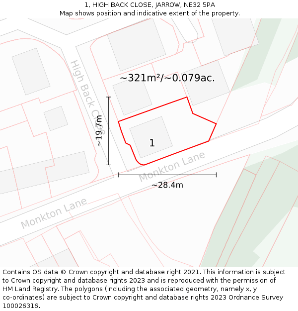 1, HIGH BACK CLOSE, JARROW, NE32 5PA: Plot and title map