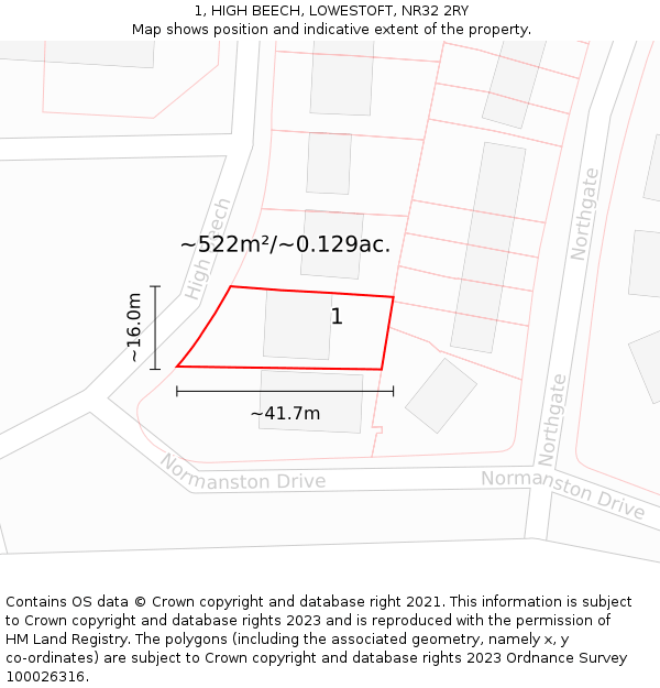 1, HIGH BEECH, LOWESTOFT, NR32 2RY: Plot and title map