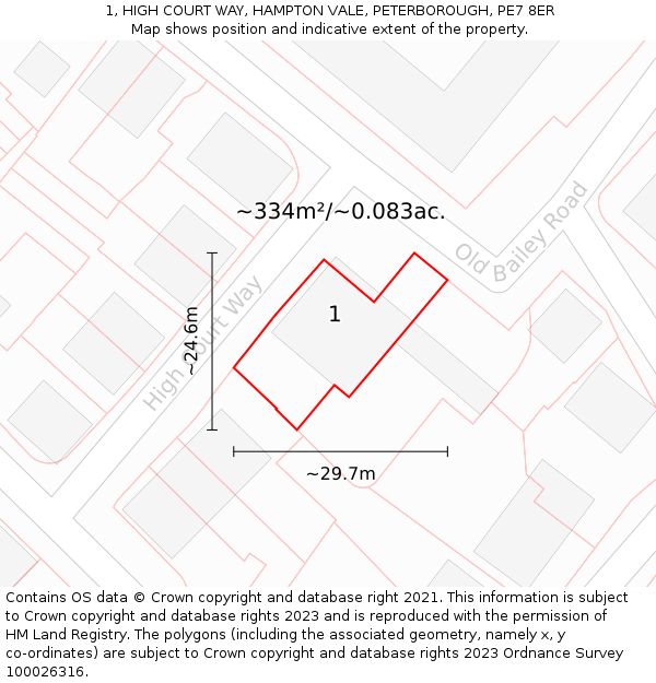 1, HIGH COURT WAY, HAMPTON VALE, PETERBOROUGH, PE7 8ER: Plot and title map