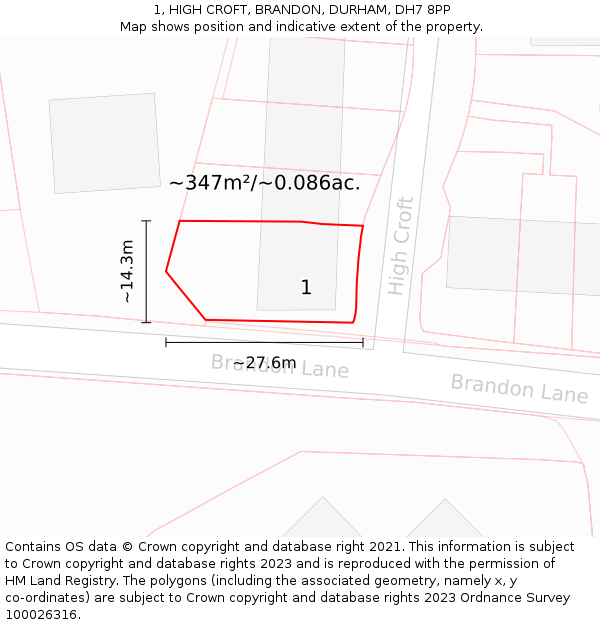 1, HIGH CROFT, BRANDON, DURHAM, DH7 8PP: Plot and title map
