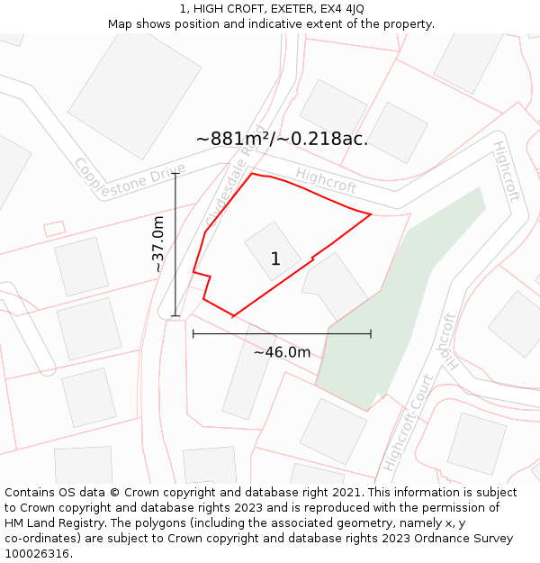 1, HIGH CROFT, EXETER, EX4 4JQ: Plot and title map