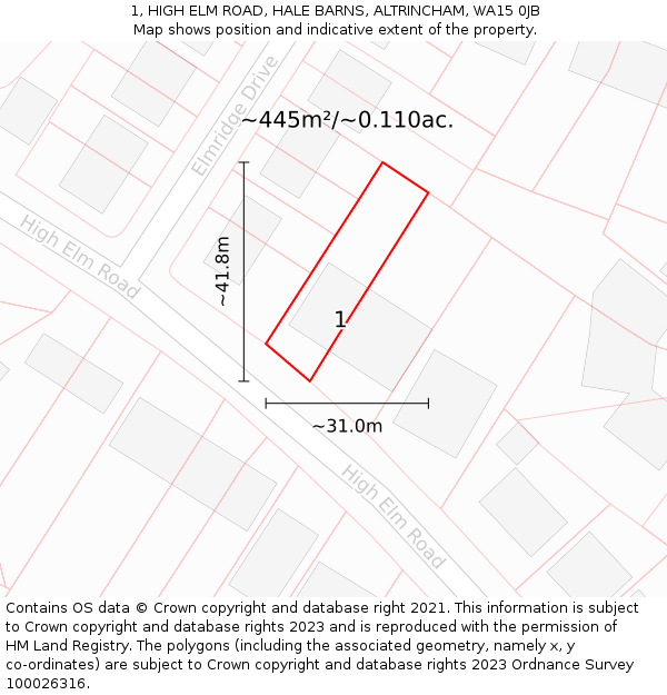 1, HIGH ELM ROAD, HALE BARNS, ALTRINCHAM, WA15 0JB: Plot and title map