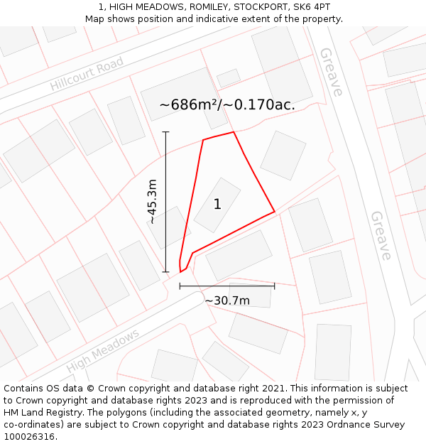 1, HIGH MEADOWS, ROMILEY, STOCKPORT, SK6 4PT: Plot and title map
