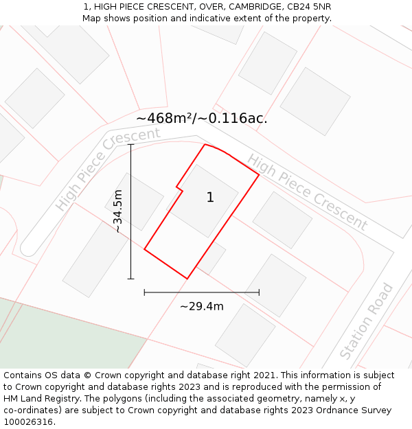 1, HIGH PIECE CRESCENT, OVER, CAMBRIDGE, CB24 5NR: Plot and title map