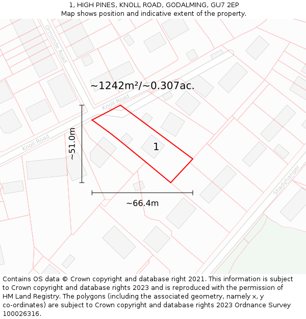 1, HIGH PINES, KNOLL ROAD, GODALMING, GU7 2EP: Plot and title map